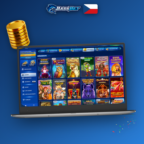 Bassbet Casino Casino desktop verze s kompletním herním lobby na notebooku