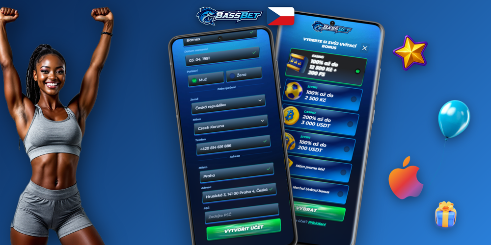 Bassbet Casino Casino CZ registrace — formulář s výběrem měny CZK na velké obrazovce